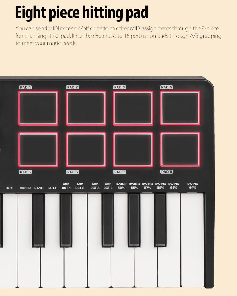 AZOR KOKKO MIDI Keyboard, Mini KB-25 25 Key MIDI Controller mit 8 hintergrundbeleuchteten Drum-Pads, 8 Reglern und Pitch Bend Wheel, Modulationsrad für Musikproduktion, Cubase LE Software enthalten