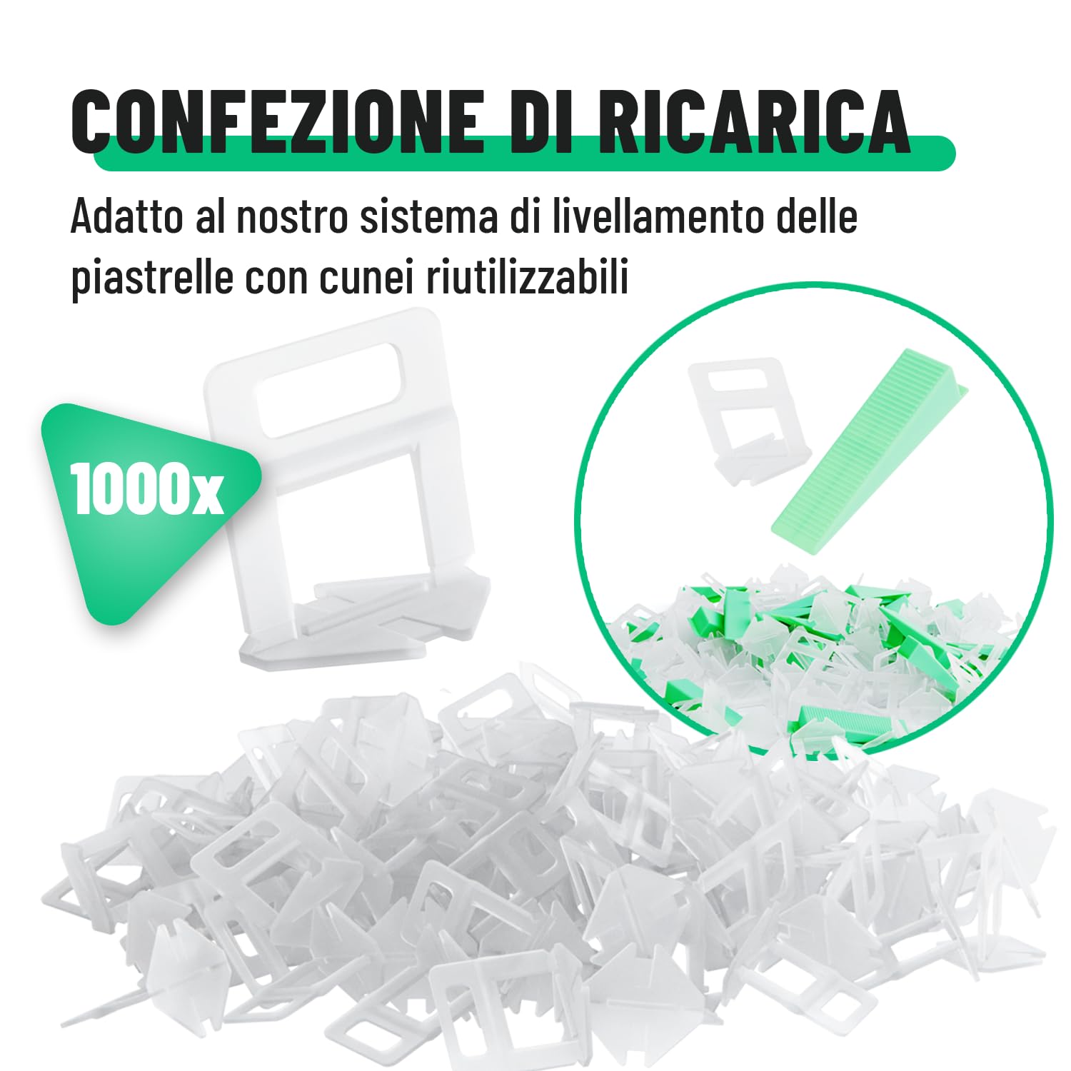 greate 1000 Clips per Sistema di Livellamento piastrellisti 2mm - Ricarica per la Posa delle Piastrelle - distanziatori per piastrelle 2 mm, livellatori per piastrelle