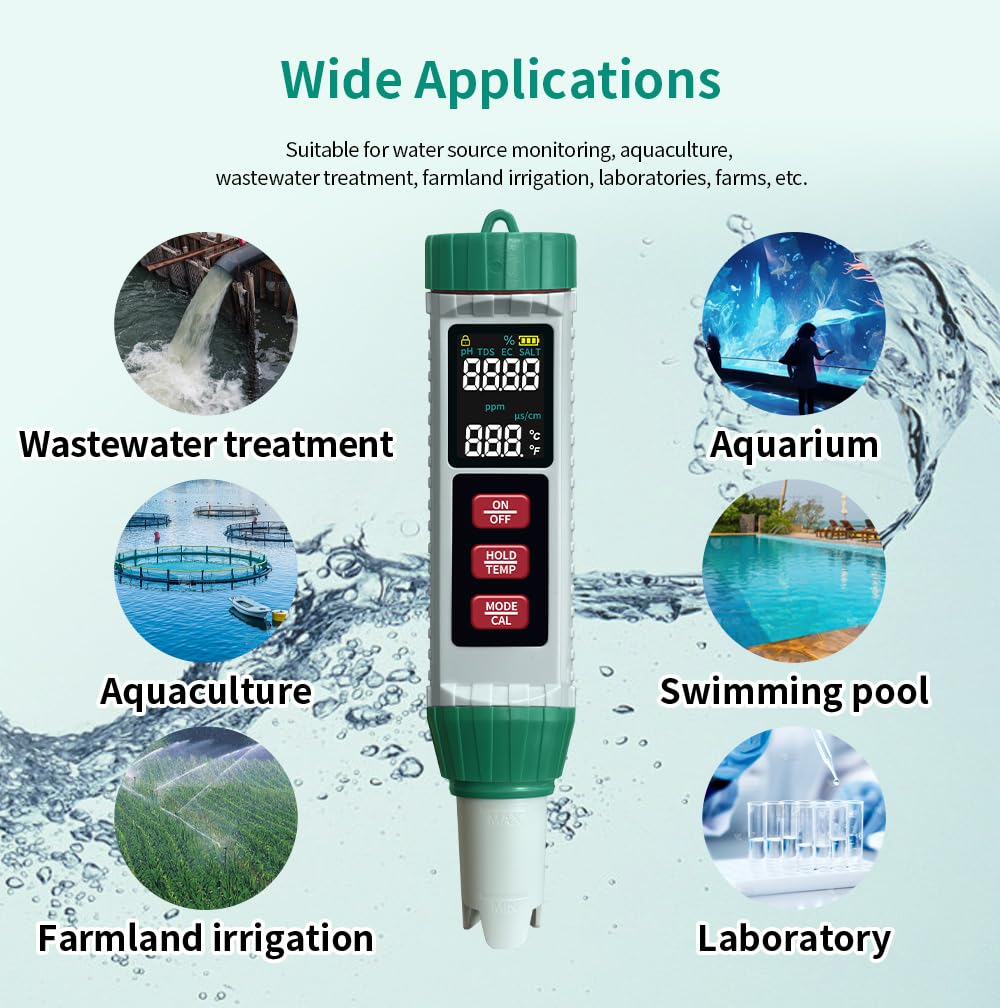 Medidor de pH y probador de sal de piscina, digital 5 en 1, medidor de salinidad pH EC Temp TDS para calidad del agua, probador de agua impermeable para piscina, acuario, hidroponía, jacuzzi