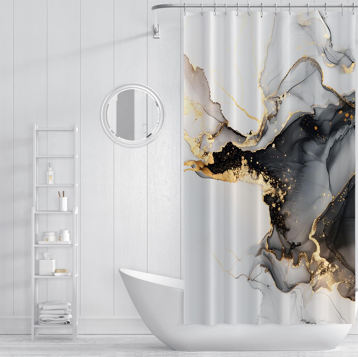 Rideau de Douche marbre Blanc Noir Or Moderne W150xL200 cm
