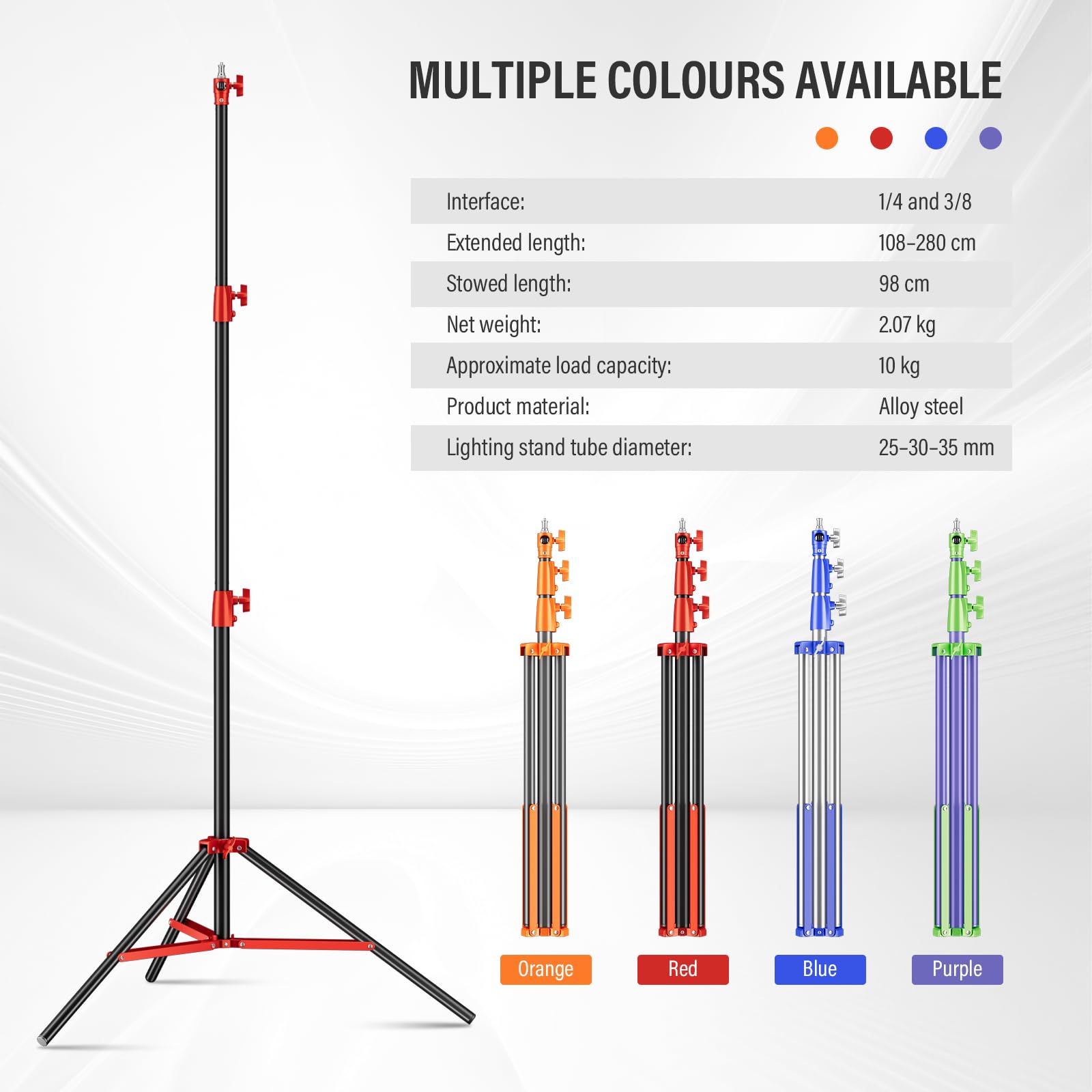 Heavy Duty Light Stand 280 cm Tutto Metallo Treppiede Stand Carico massimo: 10 kg di pressione dell'aria Buffer Fotografia Light Stand con 1/4 "a 3/8" vite adattatore per strobo, anello luce