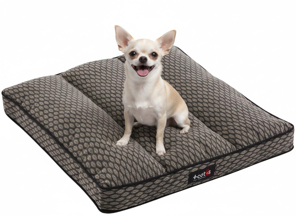 Cama Perro Pequeño – Colchoneta Jacquard Elegante Tacto Nube - Suave Cálida y Sofisticada - Desenfundable y Antideslizante - Hecho en España - Talla S - Lowie Hojas Marengo - 50X50X6 +cotes