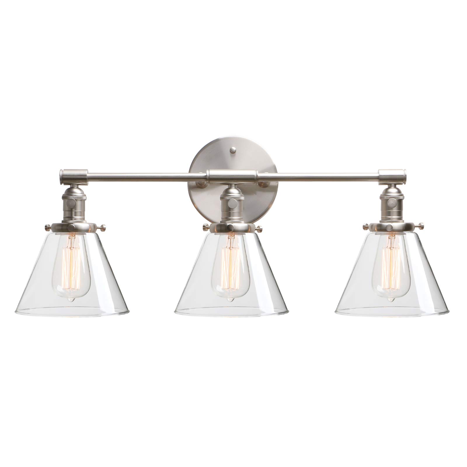 Phansthy Light Retro Wall With Switch, Industrial 3 S Wall Lamp With Funnel Glass Shade Bedroom Wall Sconce Fittings Edison Bulb Lamps Vanity Mirror Fixtures For E27 Socket (Brushed)