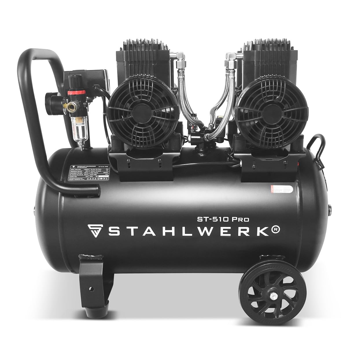 STAHLWERK Kompressor mit 50 L Tank (ST-510 Pro) – ölfrei & leise, 10 bar, 3,94 PS (2,9 kW), 500 l/min, 70 dB, Druckluftkompressor mit Brushless-Motoren, Silent-/Flüsterkompressor, Kolbenkompressor