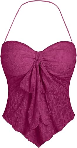 SHENHE Top halter de encaje para mujer, nudo frontal, espalda descubierta, asimétrica, Y2k, coqueta, sin espalda, para salir