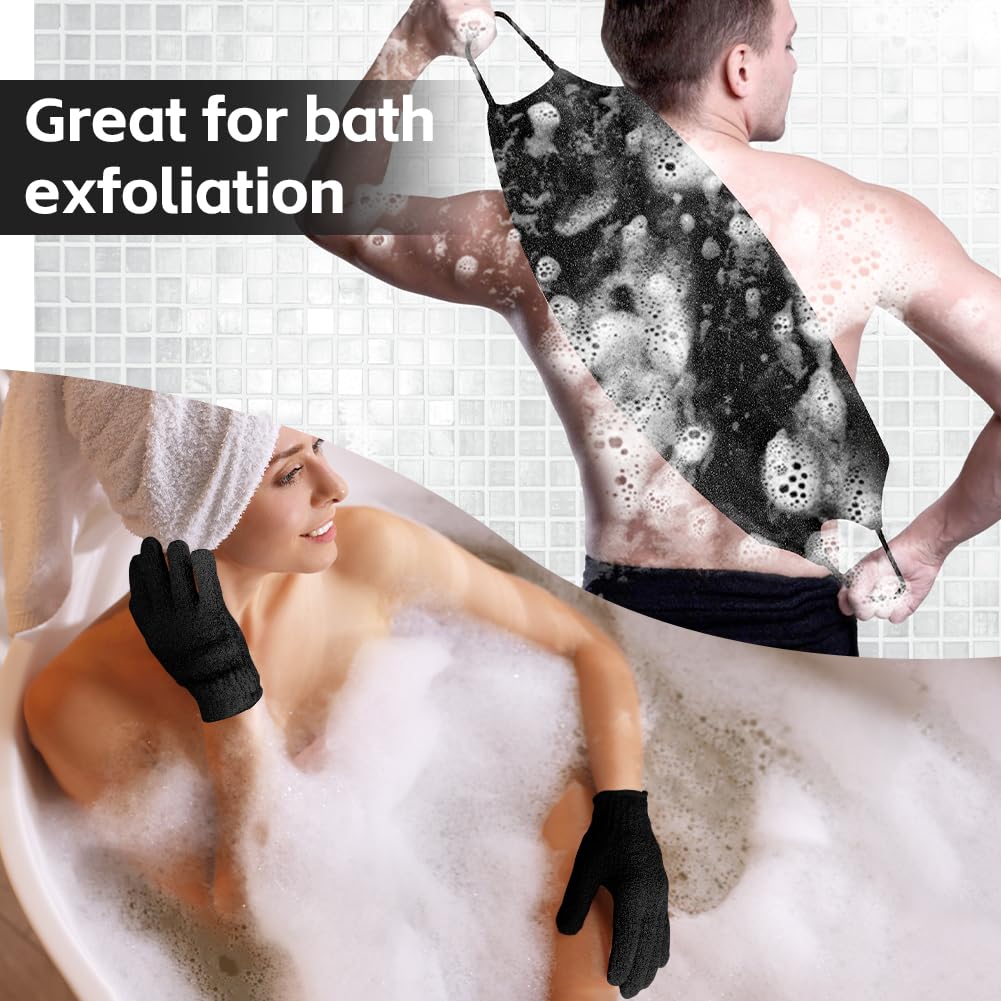 Vicloon Gant de Douche Exfoliante, 4PCS Gants de Bain Exfoliants, 1PCS Sangle de Bain, Gommage Du Dos pour La Douche, Élimine Peaux Mortes, Poils Incarnés, Impuretés, Toutes Peaux (Noir)