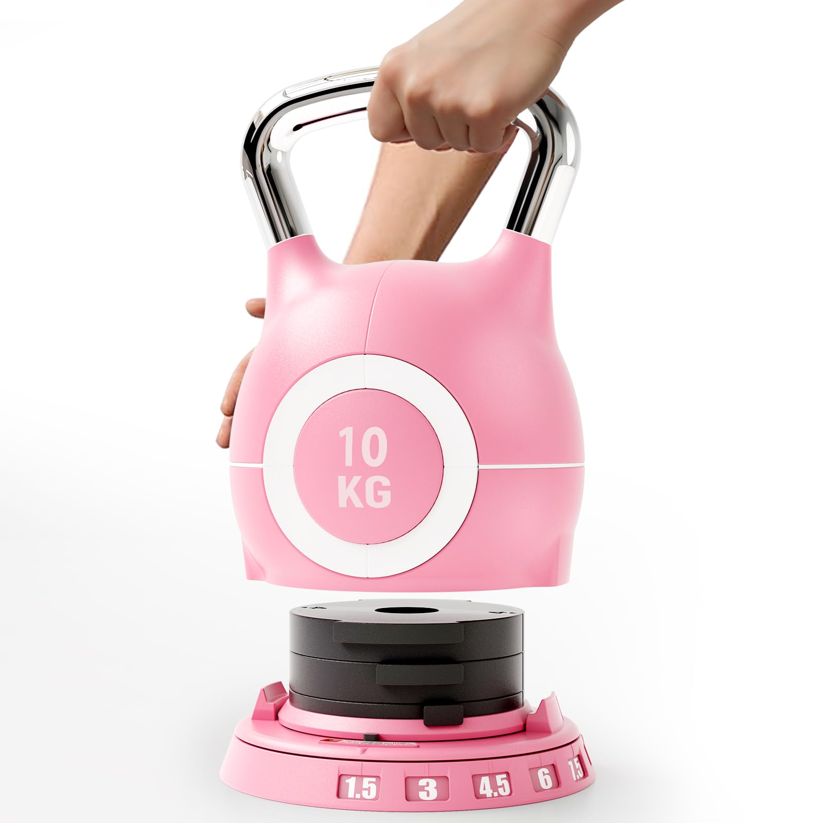 7 in 1 Adjustable Kettlebell, 10/20kg Kettlebell with Die-Cast Aluminum and ABS Material, Quick Adjustment Weights and Safety Lock, Space-Saving, for Full-body Workout & Cross-Training (Pink, 10kg)