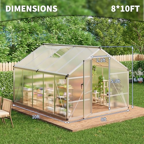 8x10 FT Greenhouse for Outdoors, Polycarbonate Greenhouse with Roof Vent, Ground Nails, Lockable Push Door, Aluminum Large Walk-in Green House for Outside Garden Backyard, Patio, Lawn, Silver