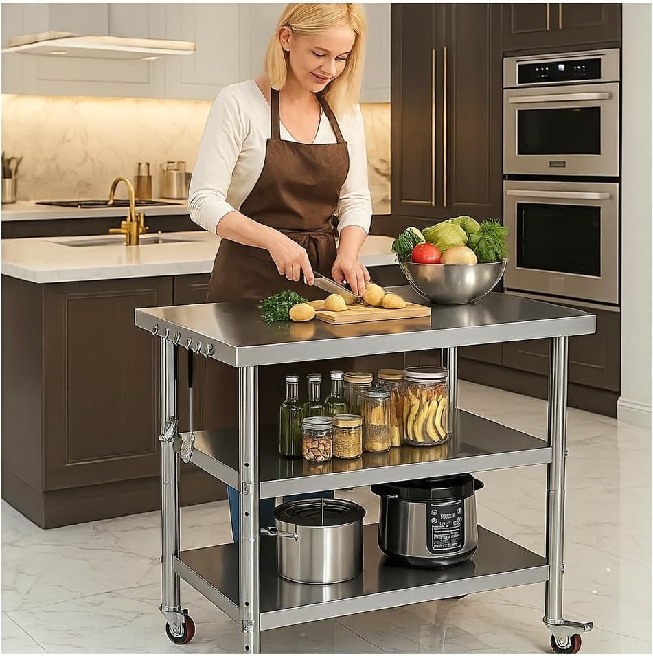Image of Stainless Steel Table with Wheels for Food Preparation and Work, Multi-Size Optional, Three-Layer Variable Two-Layer Metal Commercial Workbench Outdoor (24 inch Lx24 Wx35 H)