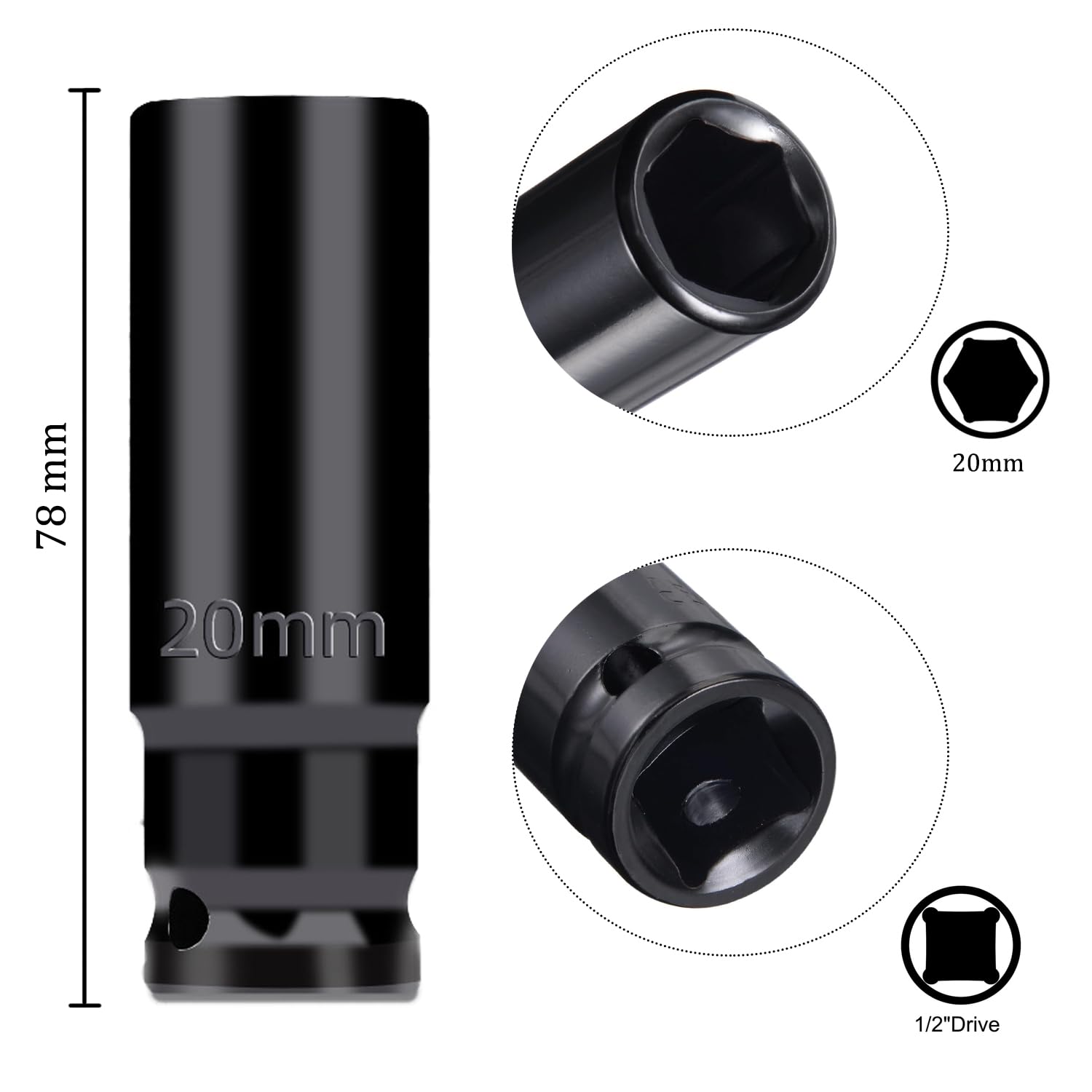 Juttzzei Deep Impact Socket, 1/2 Inch Drive by 20mm, Heat-Treated CR-V Steel Socket with 78mm Length - Image 2