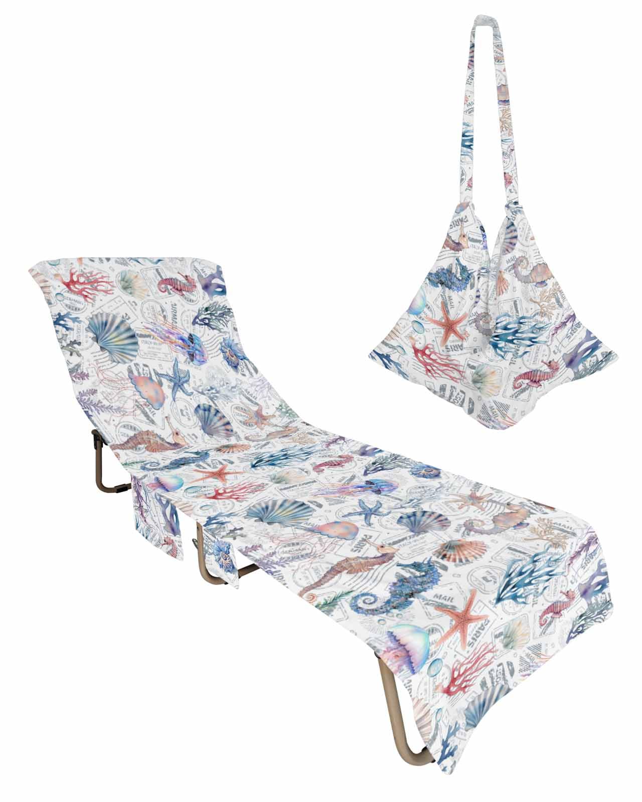 Coastal Nautical Beach Lounge Chair Towel Cover, Soft Chaise Lounge Towel with Side Pockets Patio Pool Chairs Cover for Beach/Pool Sunbathing 29x85 Jellyfish Starfish Coral Conch Multicolor