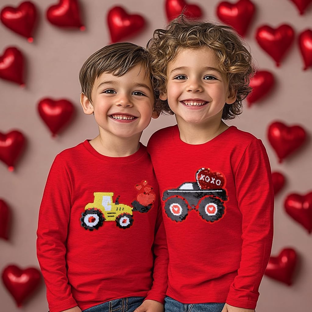Valentine's Dinosaur Shirt for Toddler Boy Monster Truck Heart Flip Sequin T-Shirt Tractor Long Sleeve Kids VDAY Tops - Image 4