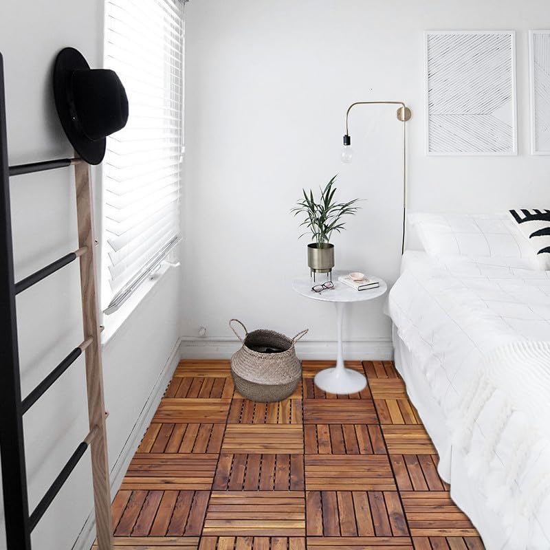 Image of Acacia Wooden Deck Tiles Wood Floor Decking Water Resistant Tile for Balcony, Terrace, Garden | Quick Flooring Solution for Indoor /Outdoor (Dark Brown - Pack of 10)