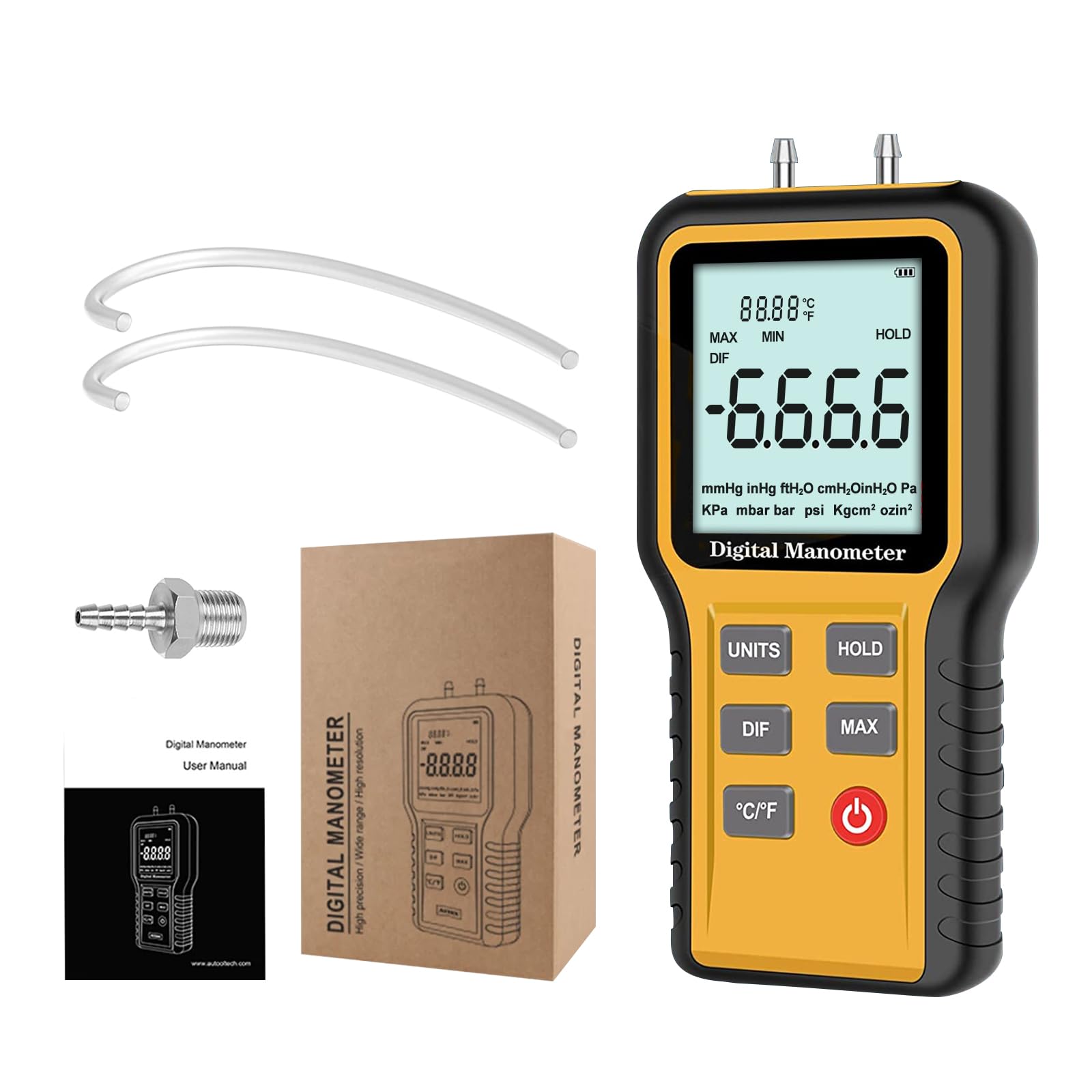 Differenzdruckmessgerät, Digital Manometer Manometer Tester HVAC, ±2.999psi Gasdrucktester, ±20.68kPa Luftdruckmessgerät mit LCD-Hintergrundbeleuchtung, 12 optionale Einheiten Differenzdruckmanometer