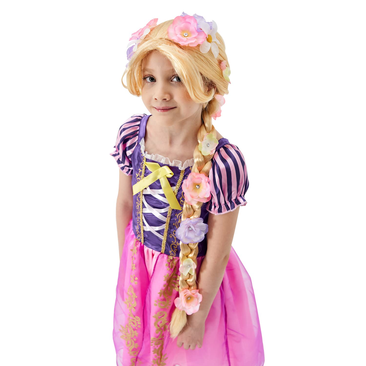 Peluca súper larga de princesa Rapunzel con flores, 29 pulgadas, pelucas sintéticas rubias trenzadas para disfraz, cosplay, cuento de hadas, Halloween, Navidad, fiesta de cumpleaños 5