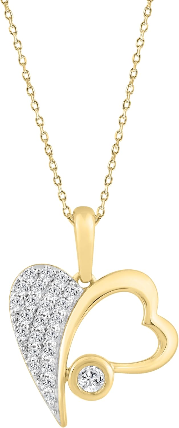 10K Yellow Gold Heart Shape Pendant Necklace with Chain, 0.25 CT Round Natural Diamond, For Womens (Color H-I,Clarity I2-I3)