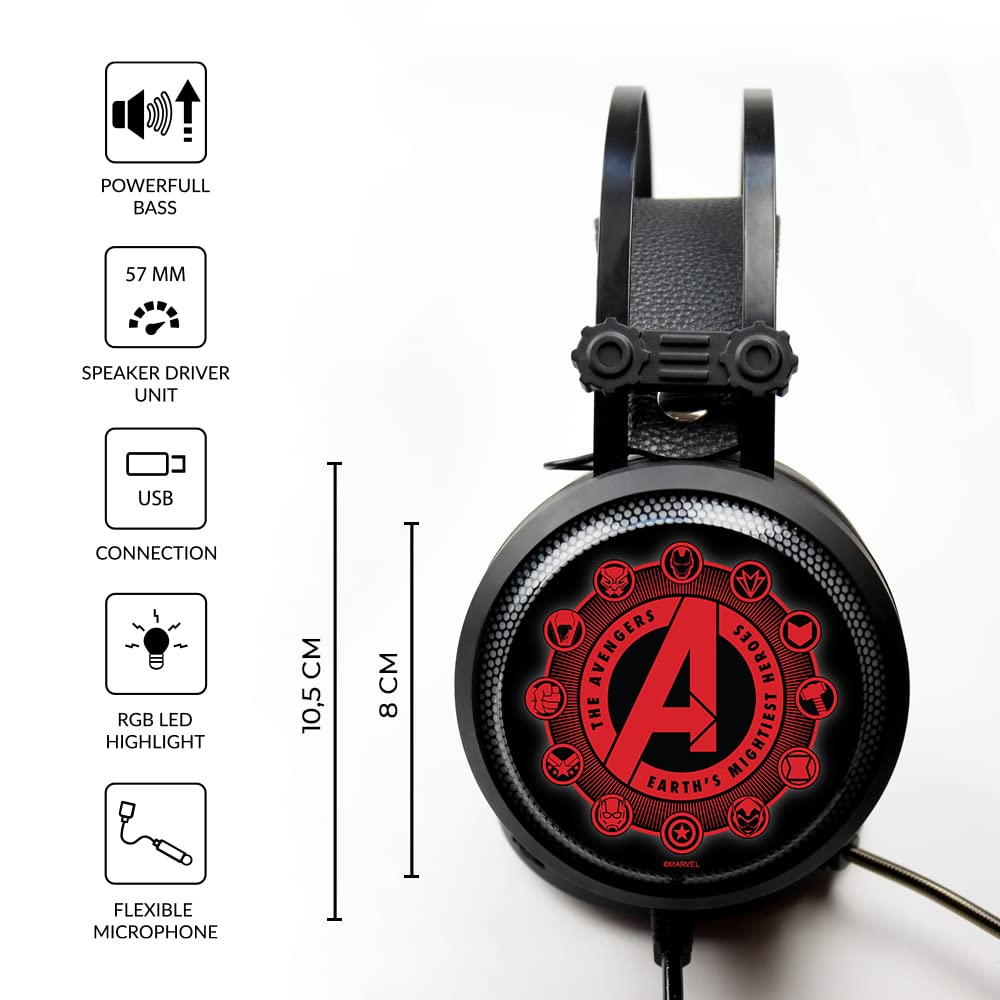 Ert Group Cuffie da gioco con microfono, Cuffie LED con archetto regolabile Modello Marvel originale e con licenza ufficiale Avengers 003