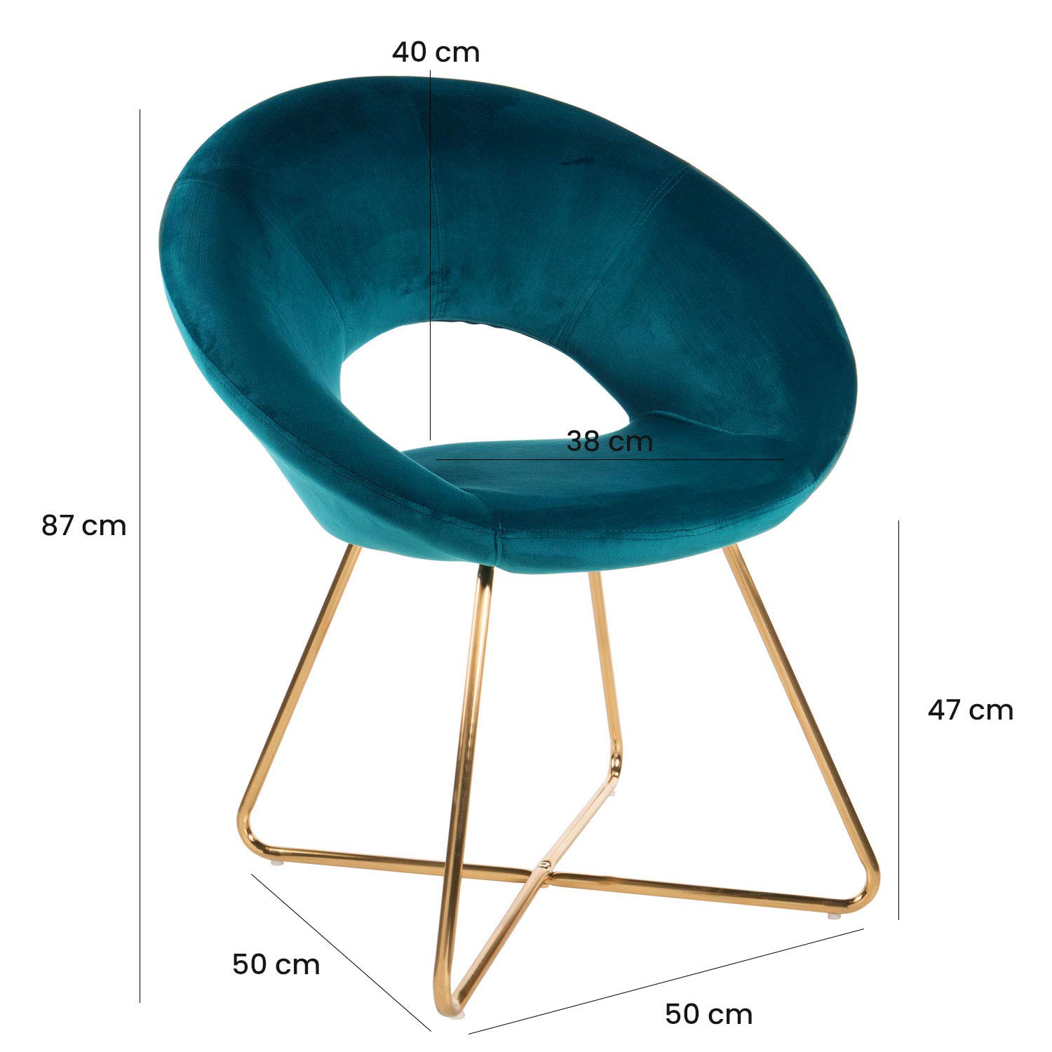 MONTEMAGGI Baroni Home Poltrona Imbottita circolare in velluto Blu Petrolio con gambe in ferro dorato. Poltrona da ufficio o da pranzo Super Confortevole e Seduta Ergonomica 71x59x84 Cm