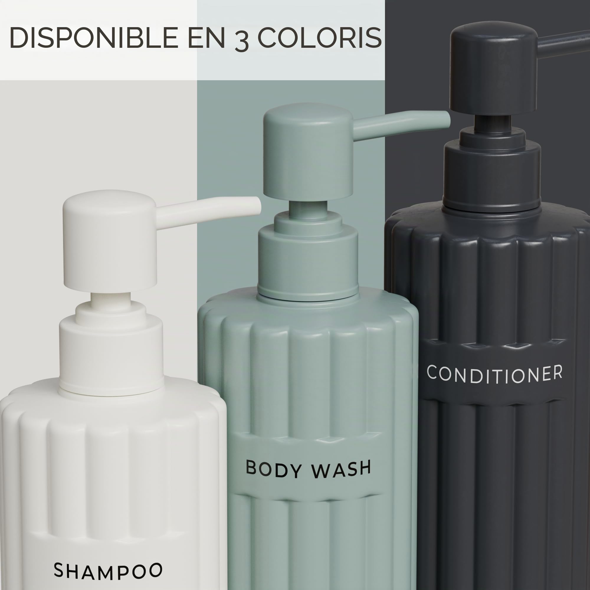 Lot de 3 distributeurs élégants de shampooing et d'après-shampoing – Bouteilles de savon de douche modernes de 538,6 g avec pompe et étiquettes – Distributeurs de gel douche faciles à remplir pour une