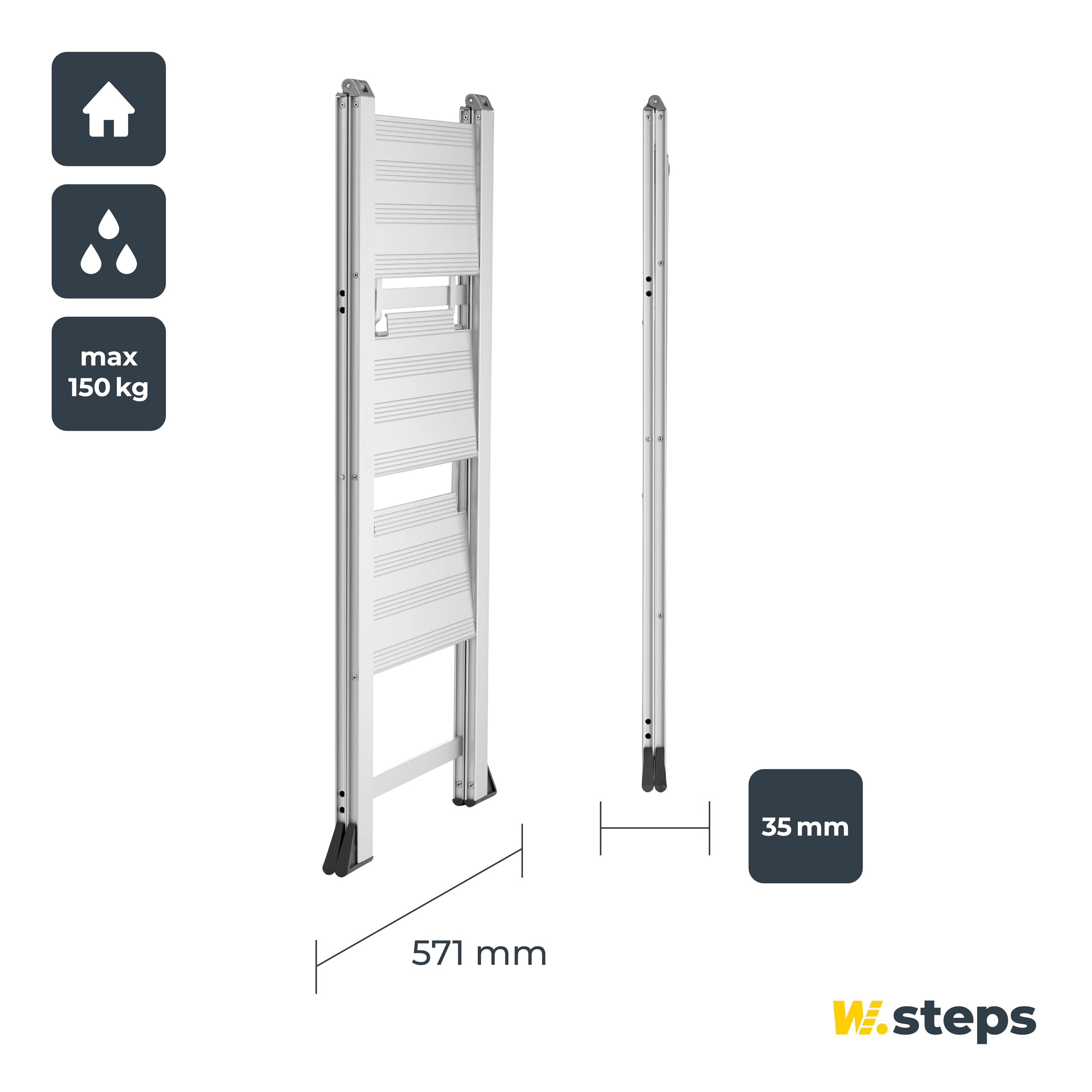 Alu Trittleiter Vikingstep Maxi von W.Steps I 720mm hoch I Belastbar bis 150kg I Kompakte Aluminium Klapptrittleiter mit 2 Stufen I Nur 35mm breit I 728143