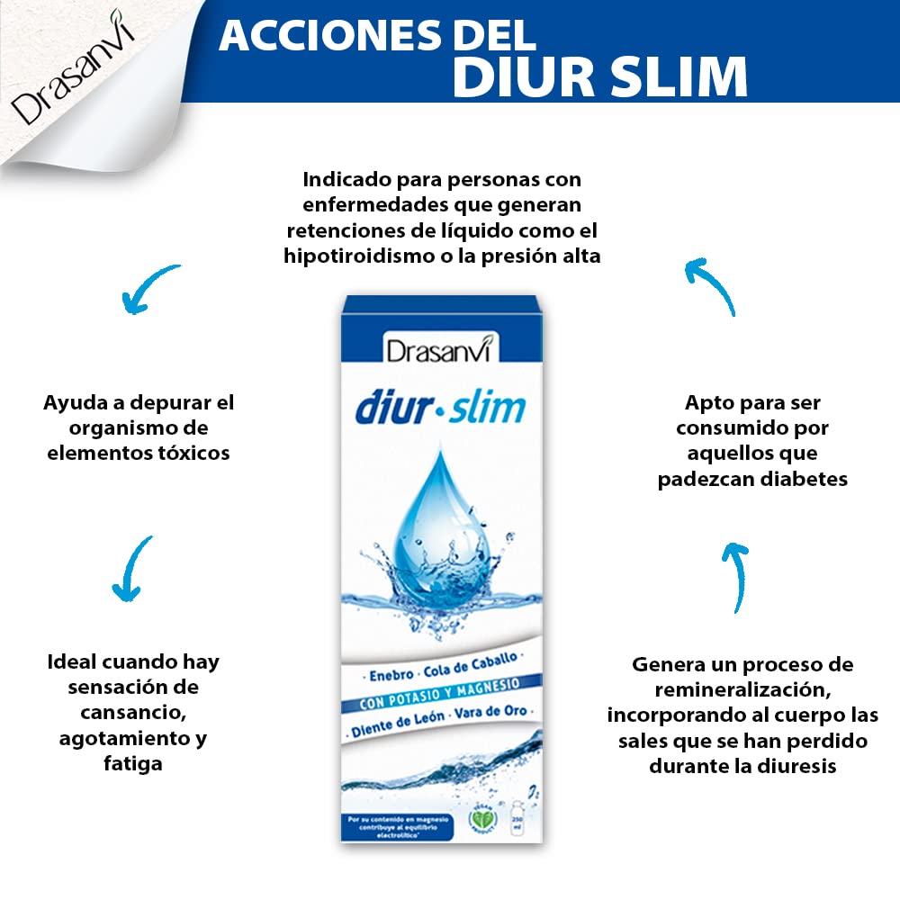 DRASANVI DIUR SLIM - Potasio + Magnesio + Cola de Caballo + Vara de Oro + Diente de León - VEGANO - SIN GLUTEN - 250 ml