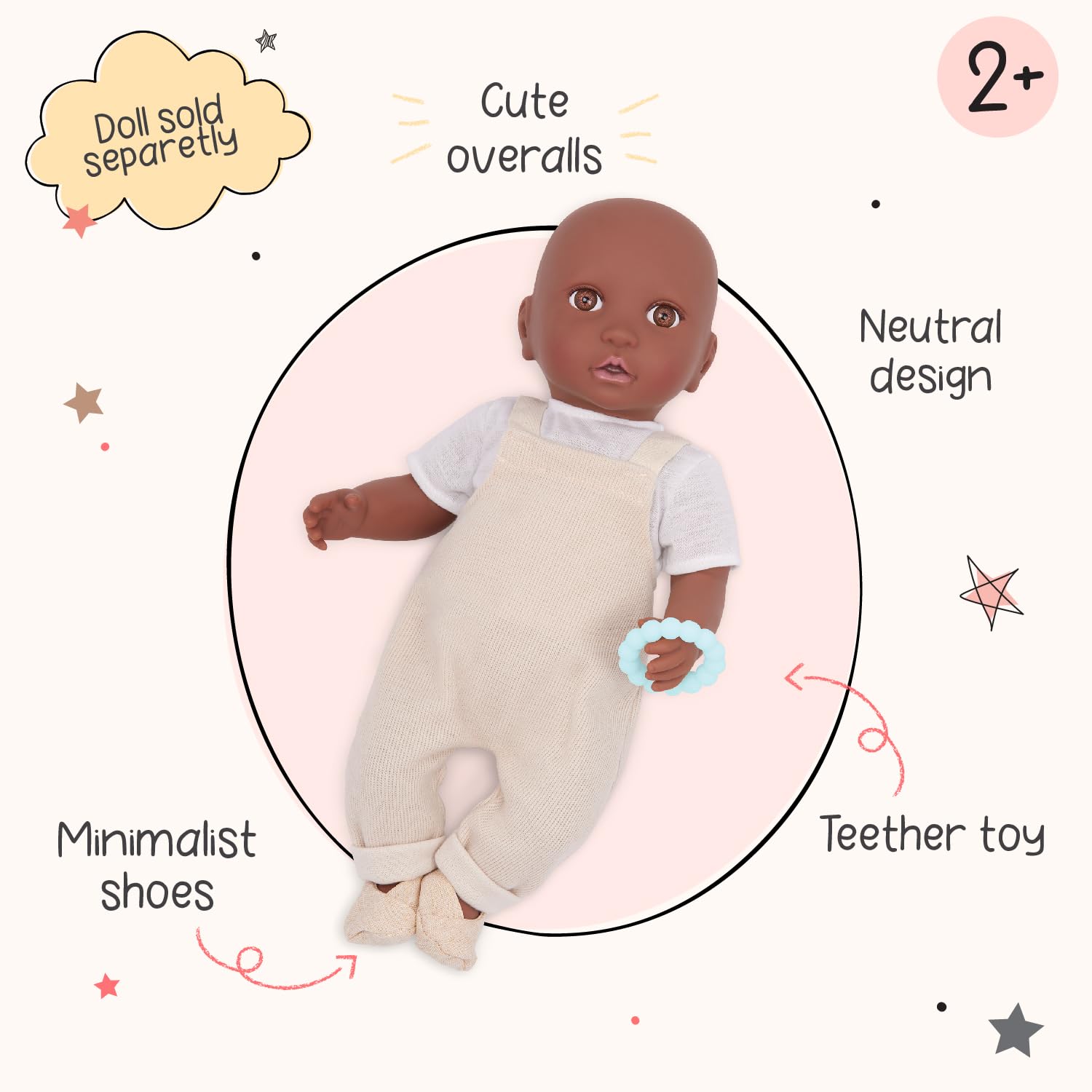 LullaBaby Ubranie dla lalek 36 cm dla lalek niemowlęcych – jednoczęściowy, top, buty i gryzak – akcesoria dla lalek – akcesoria dla lalek – zabawka dla dzieci od 2 lat – beżowa