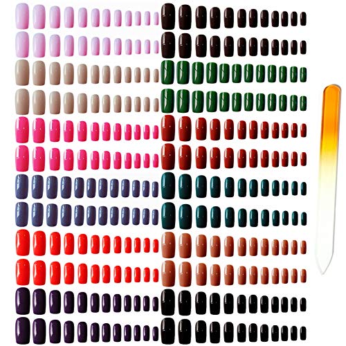 editTime 12 sets/288pcs Solid Colors Matte or Glossy Acrylic Stiletto False Nails Full Cover Fake Nails Tips Natural Medium Claw Nails Tips with a Crystal Nail Rubbing Strip (Glossy Square)