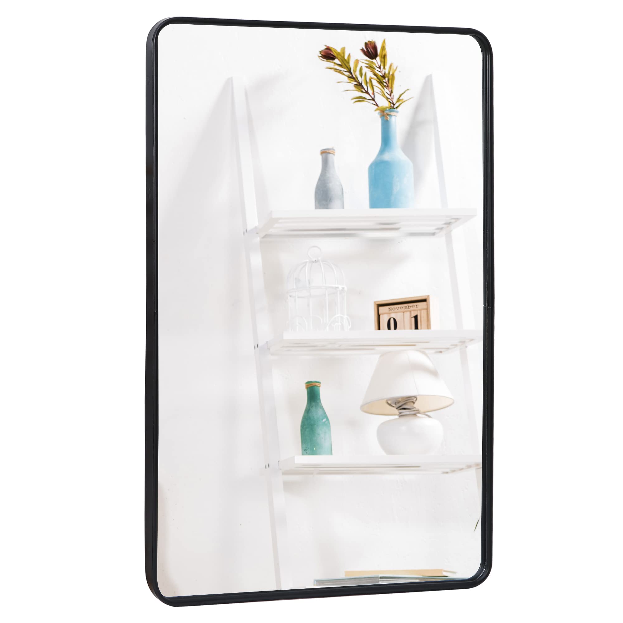 Saicool 24" x 36" Bathroom Mirror for Wall, Black Metal Framed RectangularMirror Rounded Corner Bathroom Mirror with Peaked Trim for Bedroom