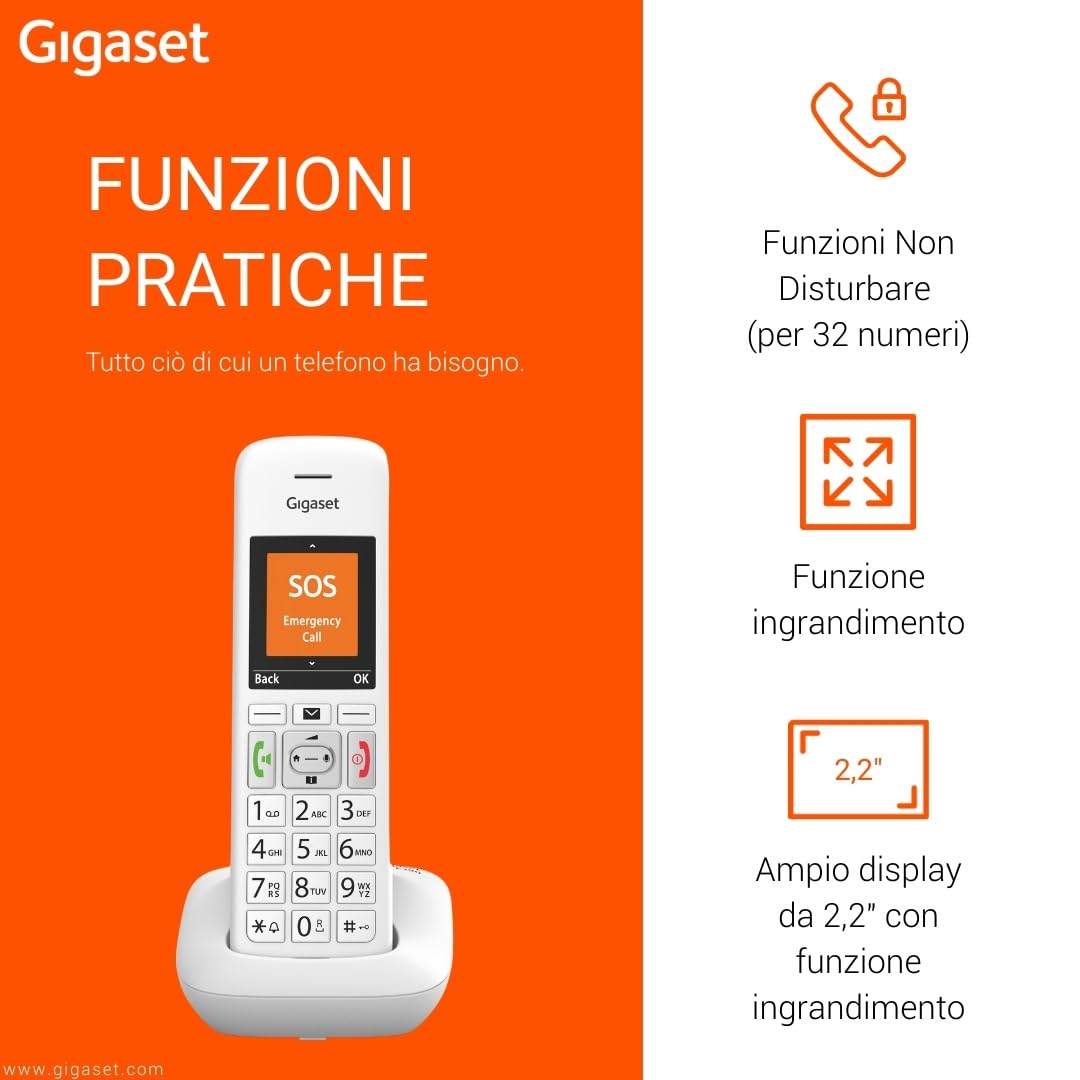 Gigaset E390 Telefono DECT, Numeri Grandi, Suonerie Forti, Bianco | Esclusione suoneria fasce orarie, [Versione Italiana]