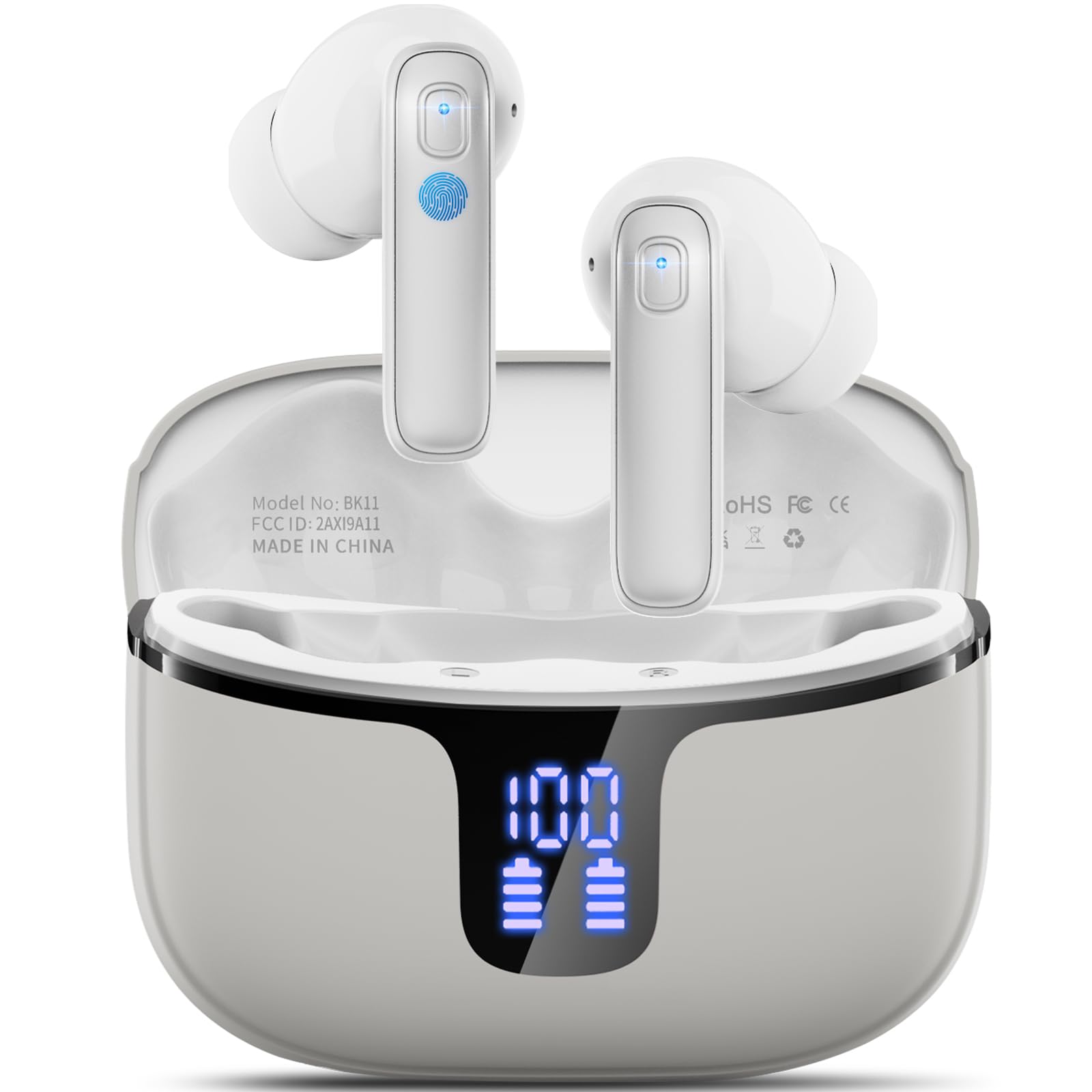 Wireless Earbuds, Wireless Headphones Bluetooth 5.3 with 4 ENC Noise Cancelling Mic, 40Hrs Bluetooth Earphones, 14.2mm Drivers In Ear Earbuds, 2025 Deep Bass Stereo Ear Buds IP7 Waterproof/LED Grey