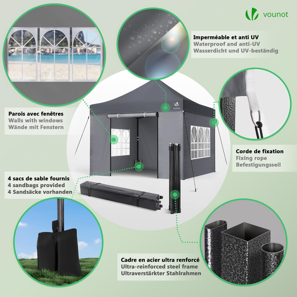 VOUNOT® Pavillon 3x3m Wasserdicht Stabil Winterfest, Pop Up Faltpavillon mit 4 Seitenteilen und 4 Sandsäcke, Party Pavillon Faltbar Gartenzelt Partyzelt, Grau