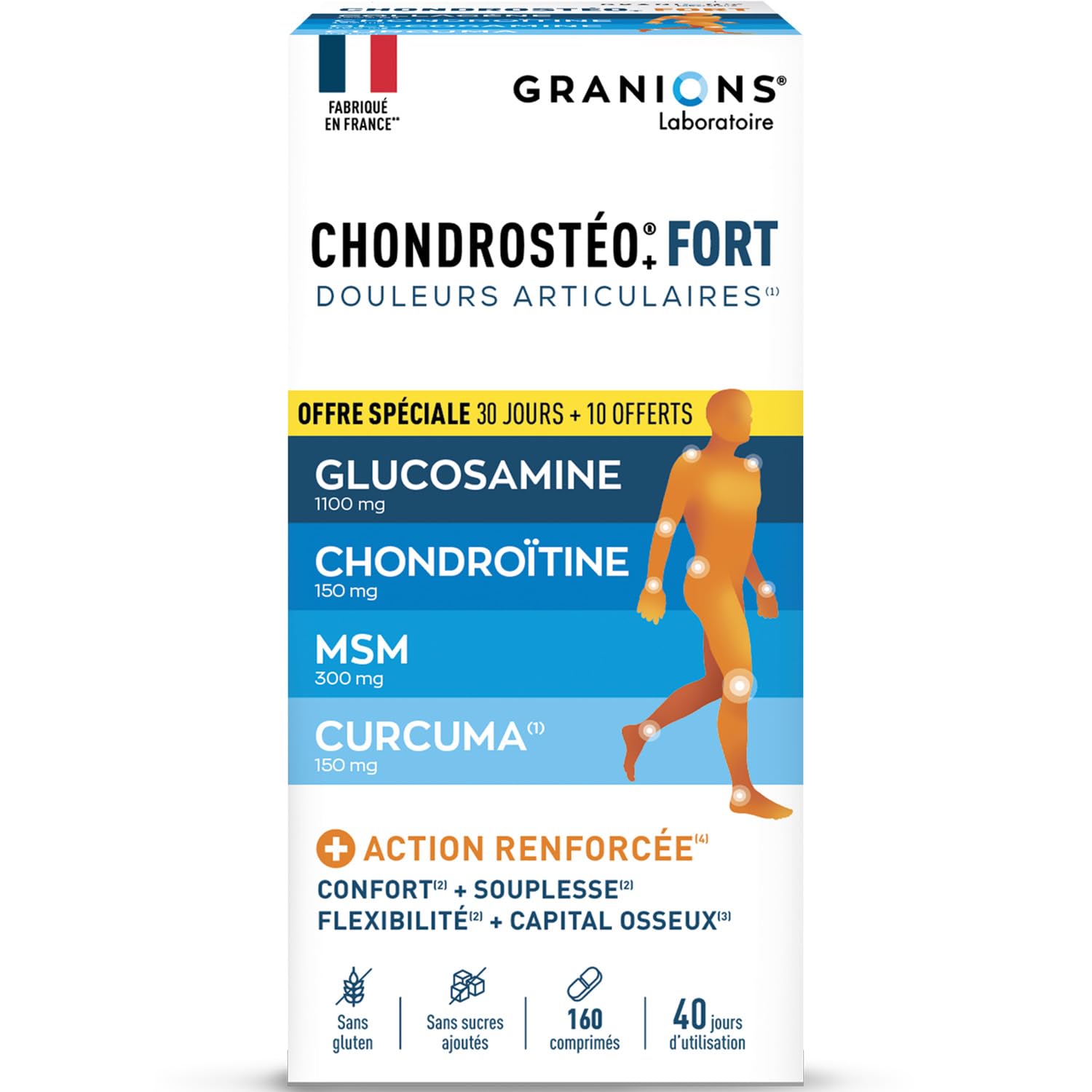 GRANIONS| Chondrostéo+ FORT Articulations | Formule Renforcée| Mobilité & Souplesse Articulaire, Flexibilité, Capital Osseux | Glucosamine, Chondroïtine, MSM, Harpagophytum | 160 comprimés