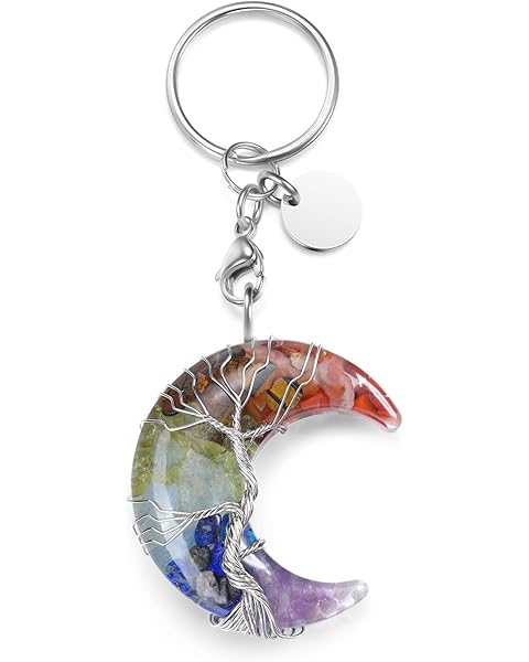 MANIFO Healing Crystal Keyring Wire Wrapped Moon Gemstone Quartz Crystals Stone Keychain Jewelry