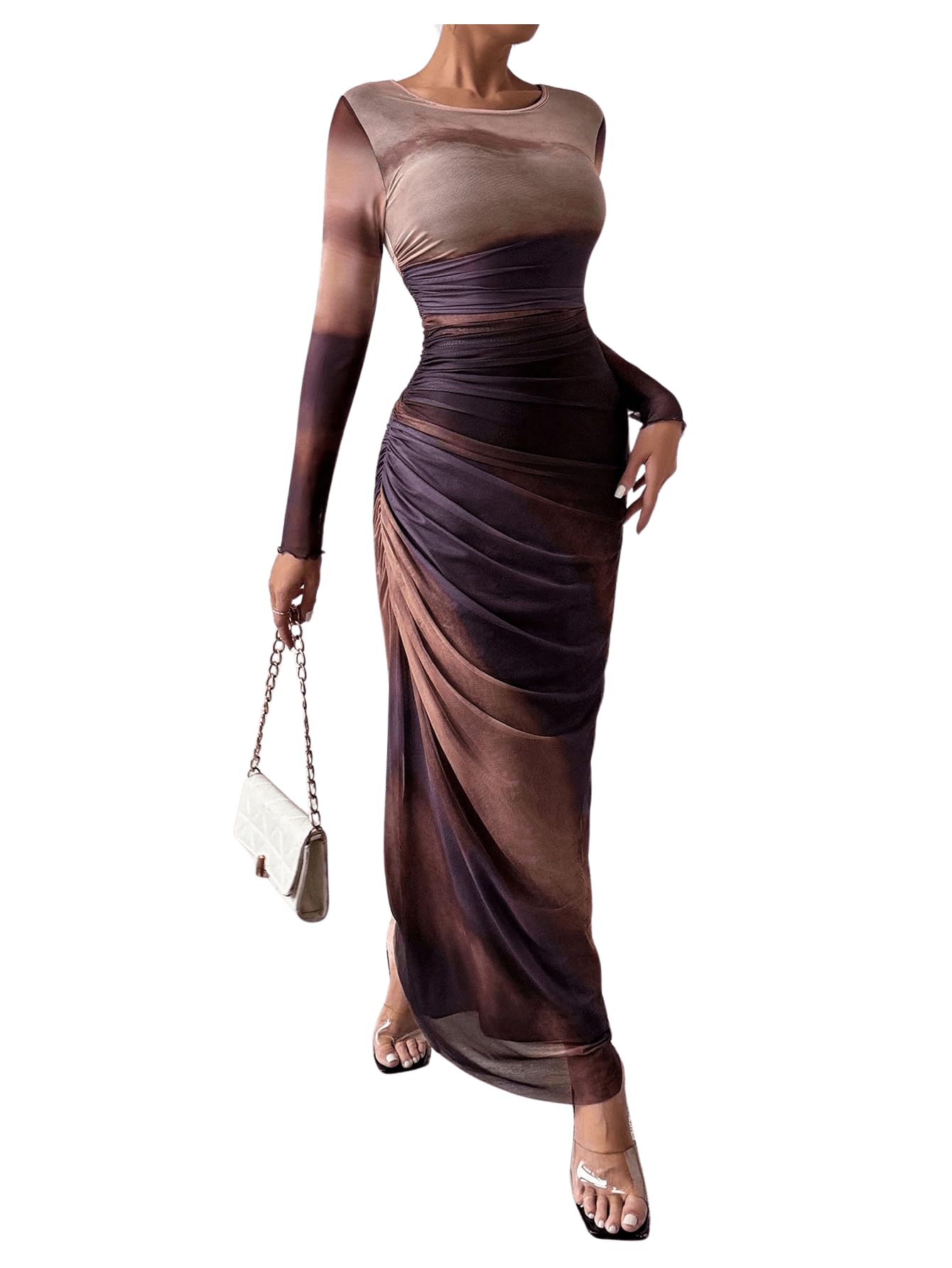 BEAUDRM Women's Ruched Mesh Formal Maxi Dress