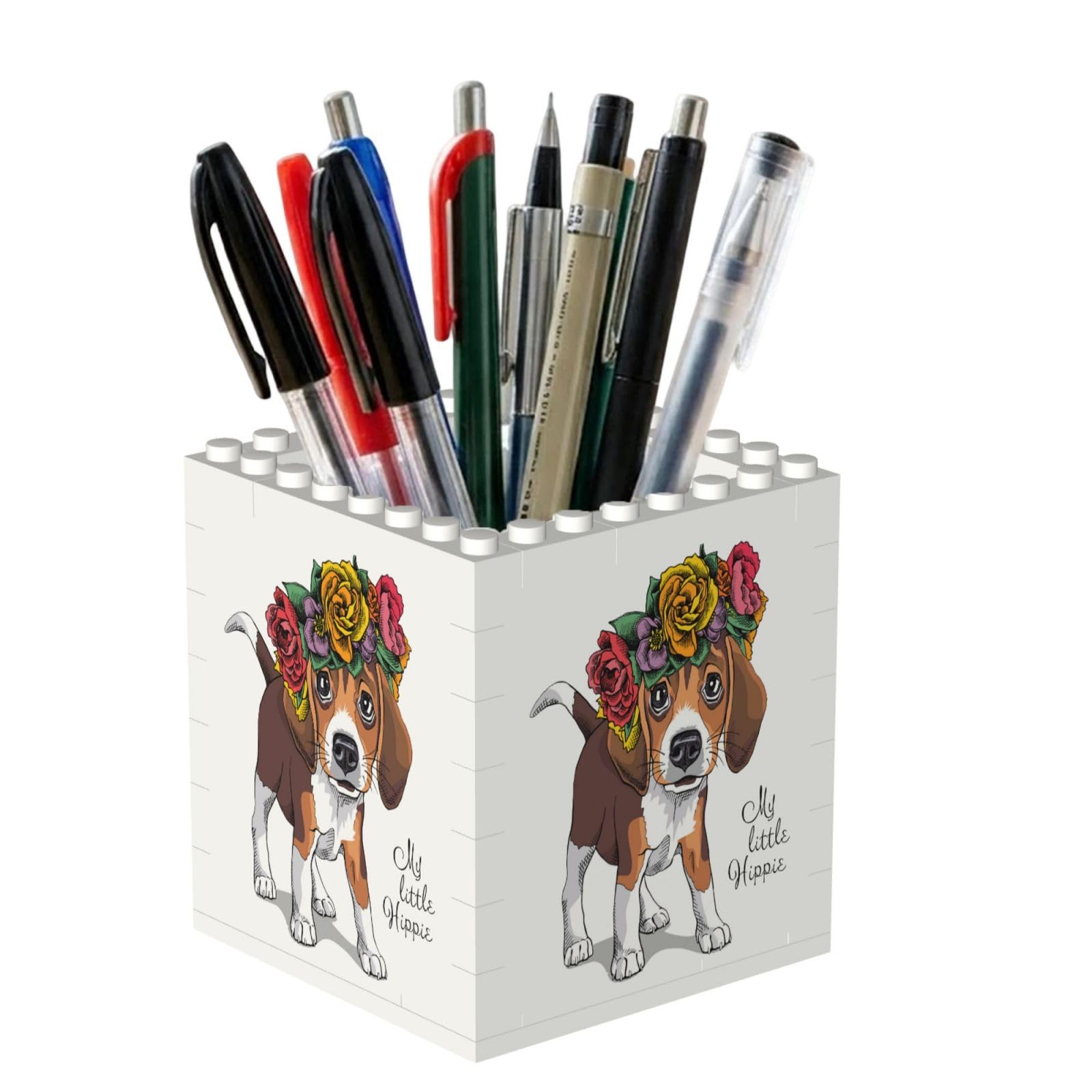Poadnly Puppy Beagle Floral Head Wreath, Pen Pot Pencil Holder for Office Home School, Compact Desk Organiser for Office Stationery