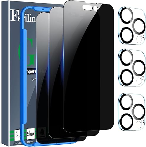 Ferilinso Paquete de 3+3 Protector de pantalla de privacidad para Apple iPhone 15 Pro, accesorios de vidrio templado, paquete de 3, pantalla de