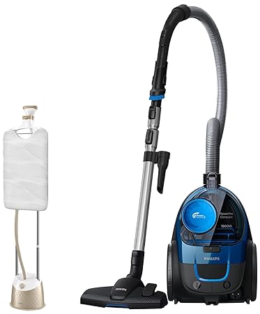 PHILIPS PowerPro FC9352/01 Compact Bagless Vacuum Cleaner (Blue) EasyTouch Plus Garment Steamer GC523/60-5 steam Settings 1600 Watt, up to 32 g/min