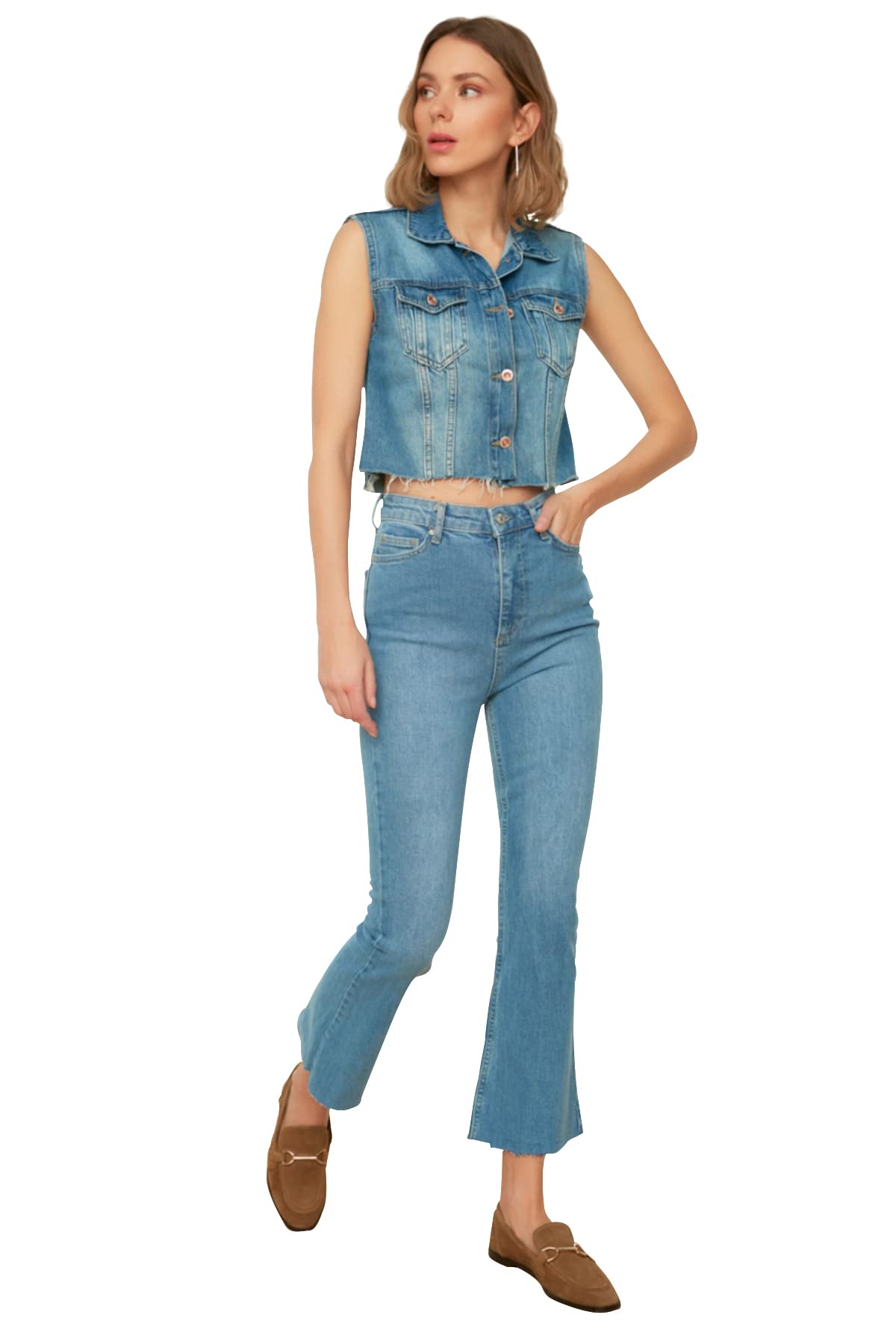 Trendyol Women's Blue High Waist Straight Leg Flare Jeans