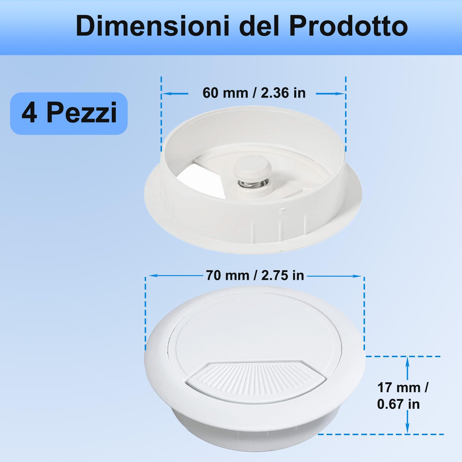 4 Pezzi Passacavi da Scrivania, Foratura per Uscita Cavo Ø 60 Mm, Passacavo Bianco per Scrivania e Postazioni di Lavoro