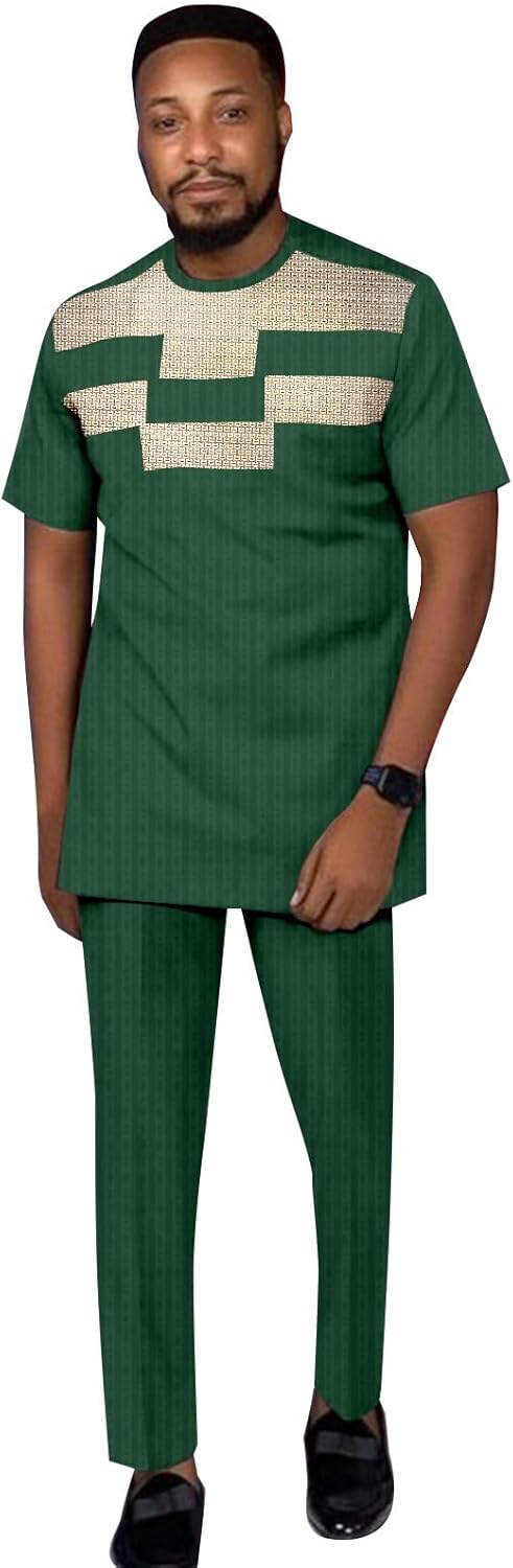 African Men Clothes 2-Piece Set O-Neck Short Sleeve Blazer Shirt Pants Bazin Riche Party Wedding Attire