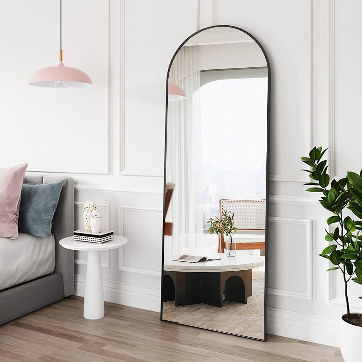 Floor Mirror, Arched Full Length Mirror Standing Hanging or Leaning Against Wall, Body for Bedroom, Wall-Mounted with Aluminum Alloy Frame, 64"x21" (Blck)