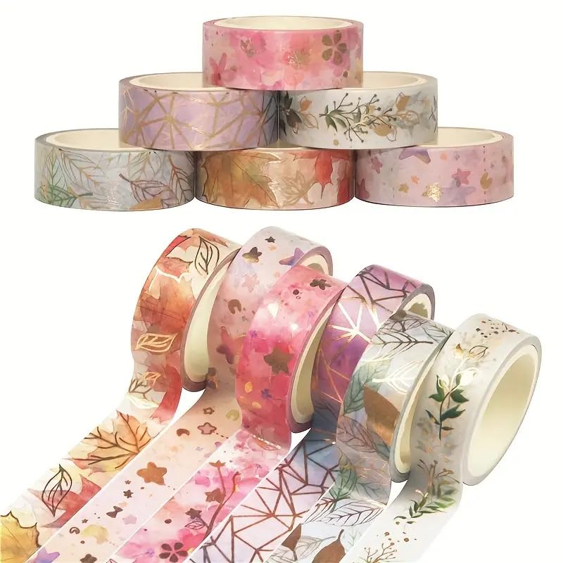 Gold Washi Tape Set 6 Rolls, Foil Masking Tape, Decorative Sticker for DIY Arts Crafts Projects Décor, Journal Supplies, Planners, Scrapbook, Card/Gift Wrapping & Stationery Masking Tape (15 MM-5 M)
