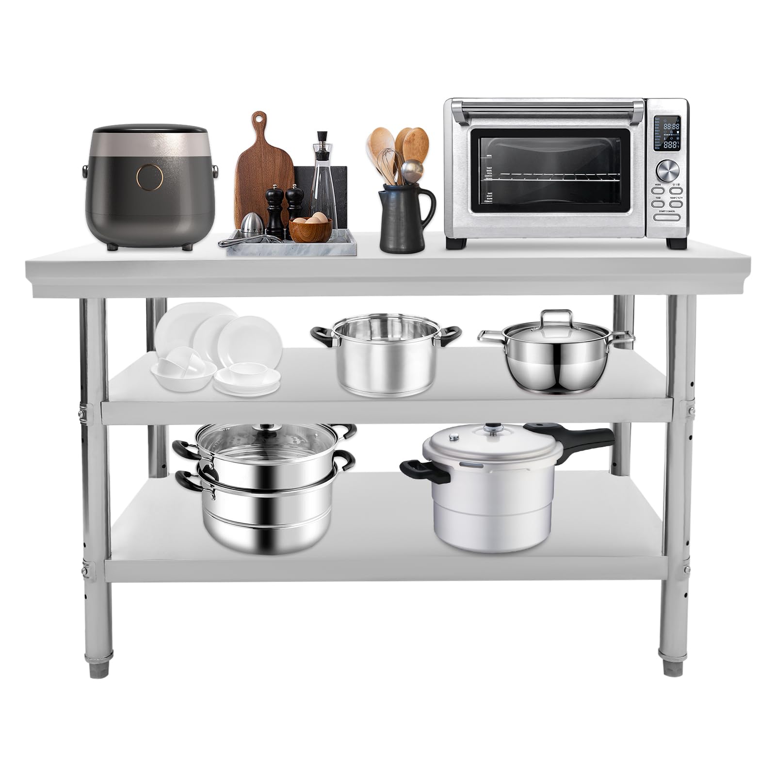 Mesa de trabajo de acero inoxidable, 120 x 60 x 90 cm, rectangular, cocina, mesa de acero inoxidable, mesa de barbacoa, muebles de cocina para exteriores, 3 niveles, plata