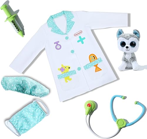 Miniatura 8 de Rabtero Disfraz de médico para niños, traje de uniforme azul y rosa, abrigo de laboratorio blanco, disfraz veterinario para niños de 3 a 8 años