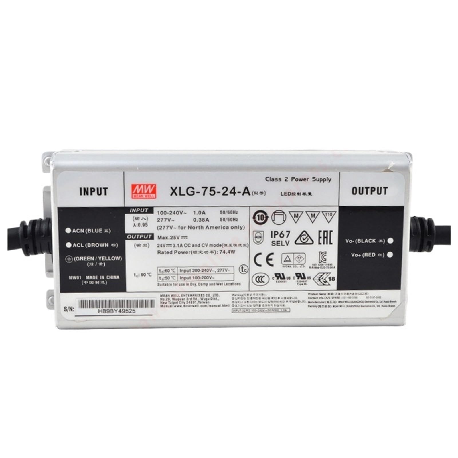 FCARUMIQP XLG-75-24-A IP67 ， 75W Constant Voltage/Constant Current LED Driver