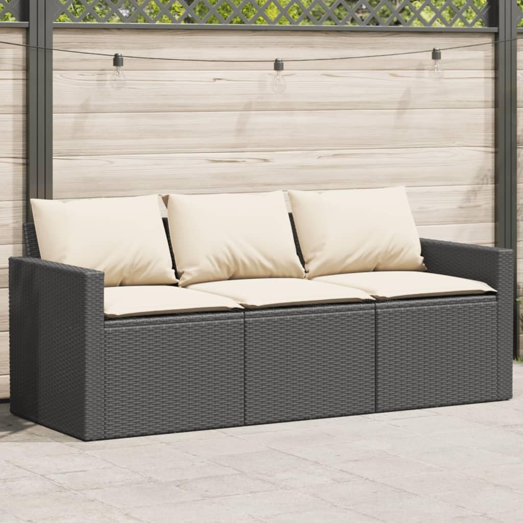 Divano da Giardino 3 Posti, in Polyrattan e Acciaio, con Cuscini Imbottiti, Set Giardino Esterno, Salotto da Giardino, per Terrazzo e Giardino, Colore Nero, Dimensioni 177x70x68 cm