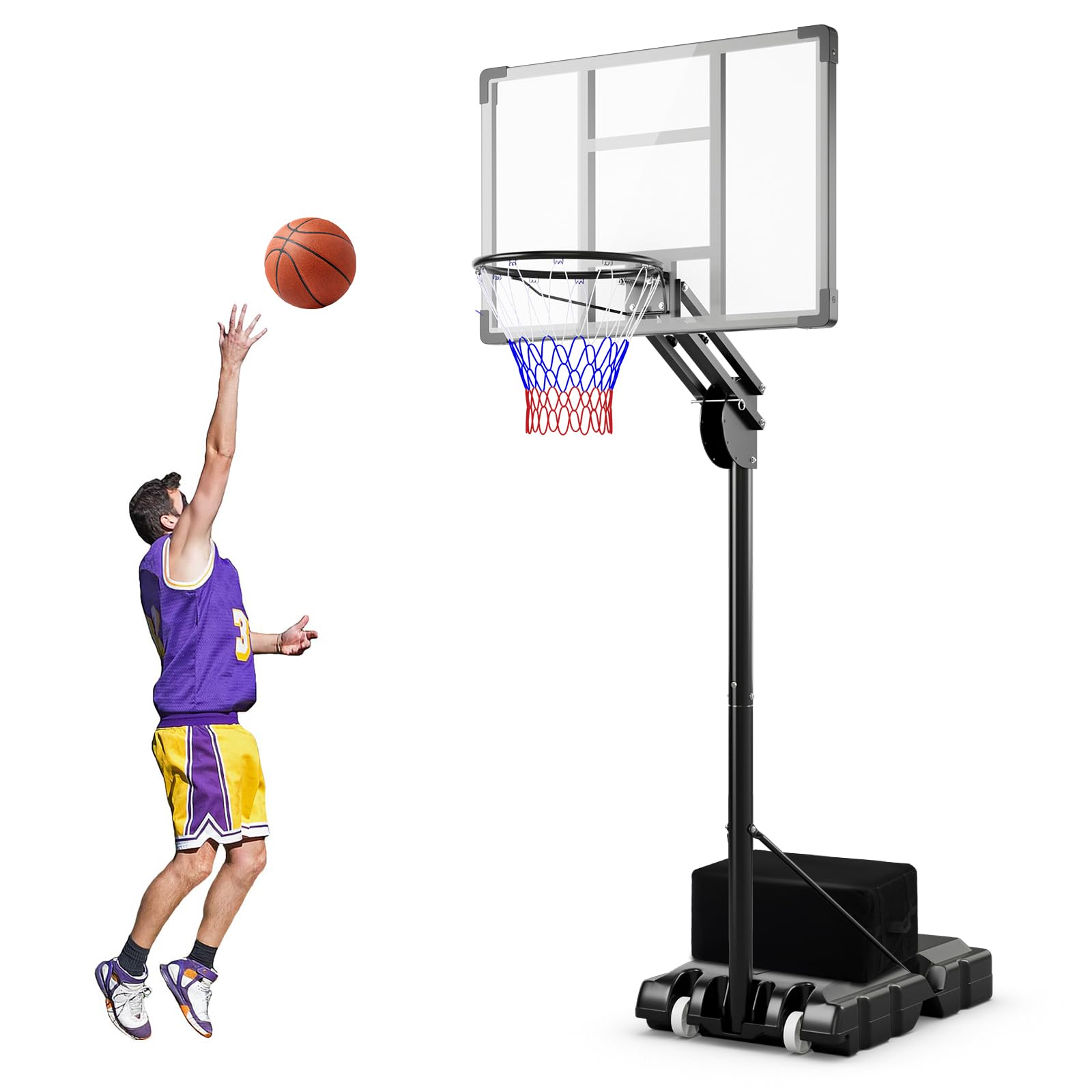 COSTWAY 149-305cm Adjustable Basketball Hoop, All Weather Basketball Goal System with 2 Wheels, Fillable Base and Free Weight Bag, Portable Basketball Net Set for Kids Teens Adults
