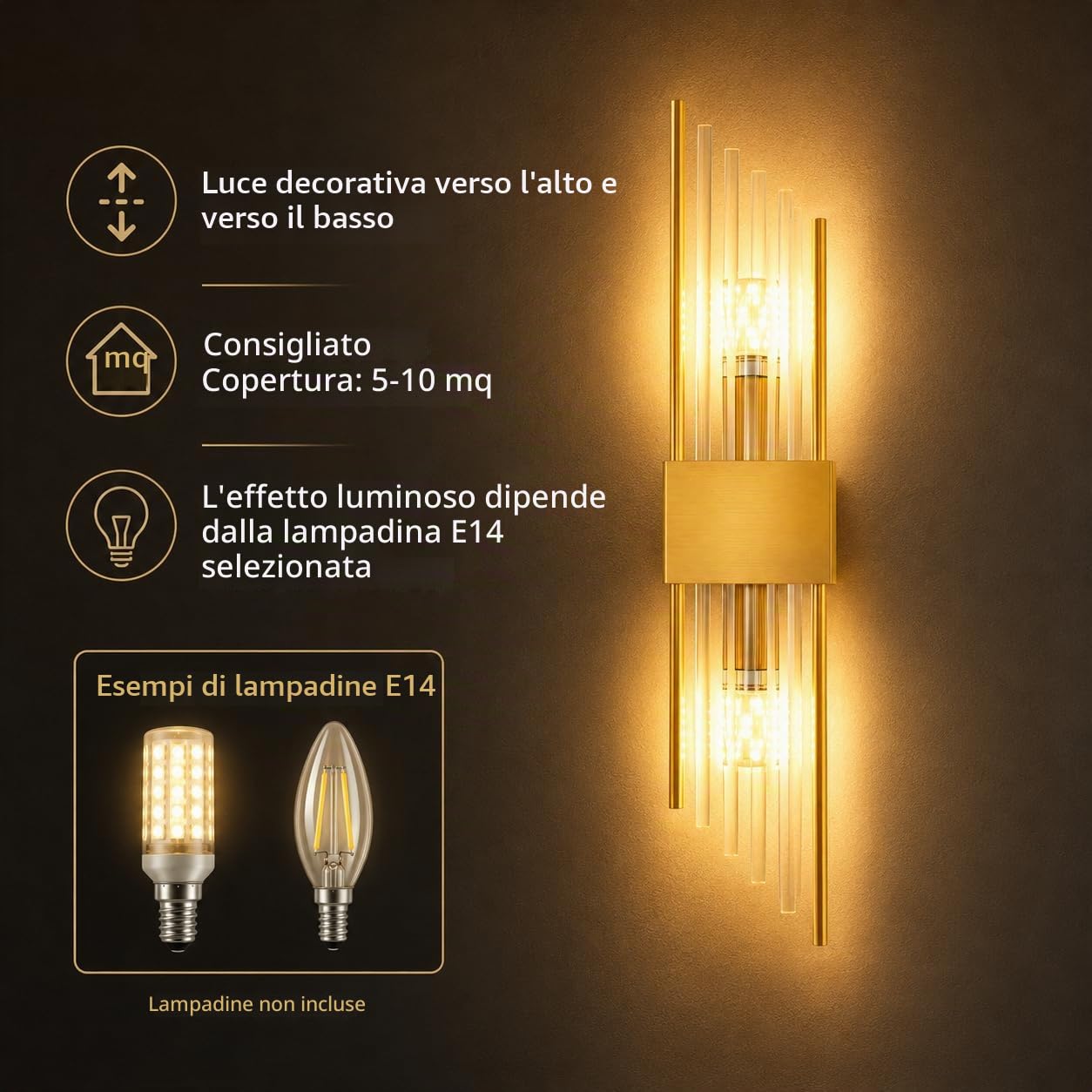 Lampada da parete di con cristallo,Applique moderna per soggiorno,camera da letto e corridoio,Elegante illuminazione da parete per interni,E14 Applique da parete geometrica (Oro, 60cm)