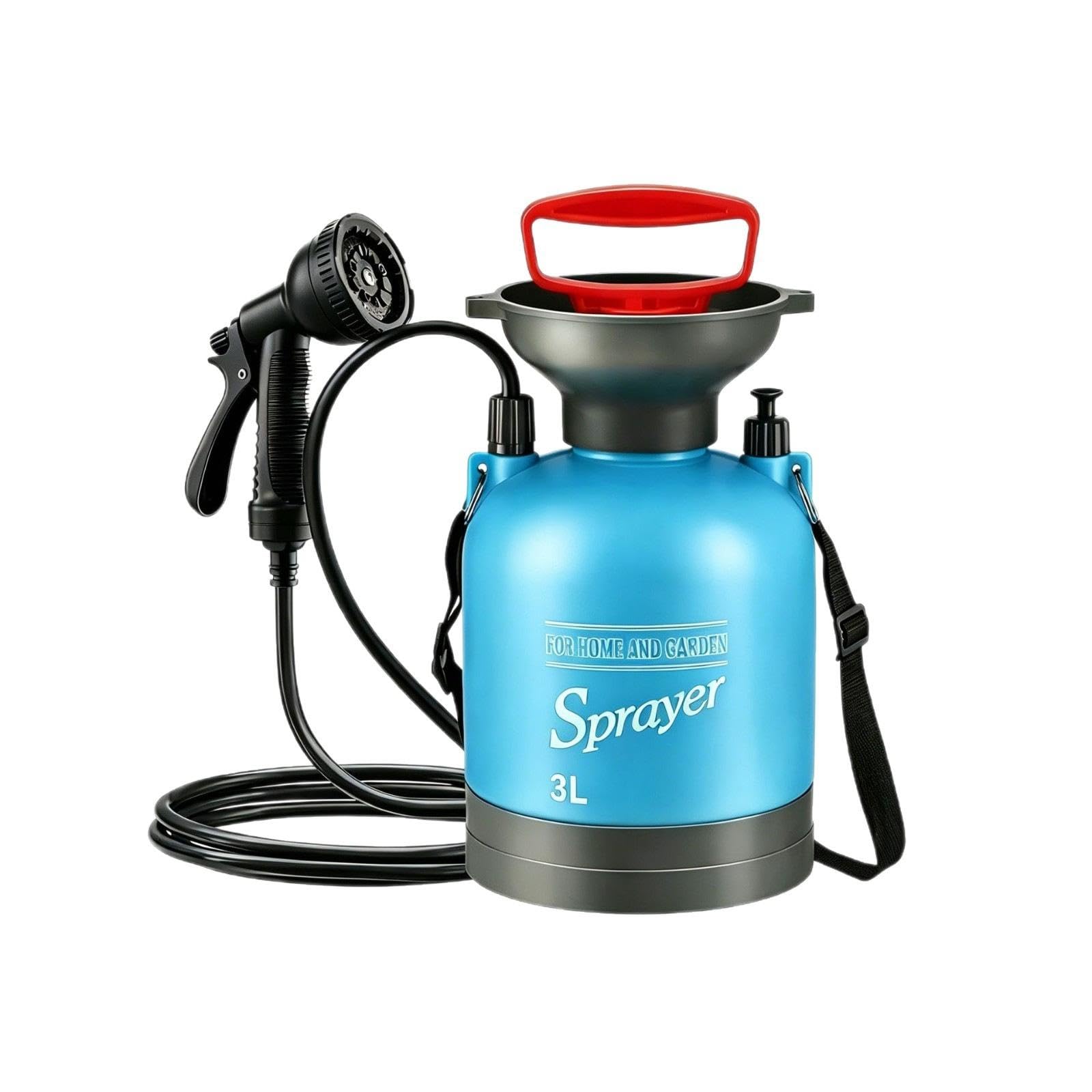Portable Shower with 10-Pattern Nozzle Pressurized Manual Sprayer with Shoulder Strap for Campers, Camping, Yard Cleanup 3L Blue 3M Hose-image-0
