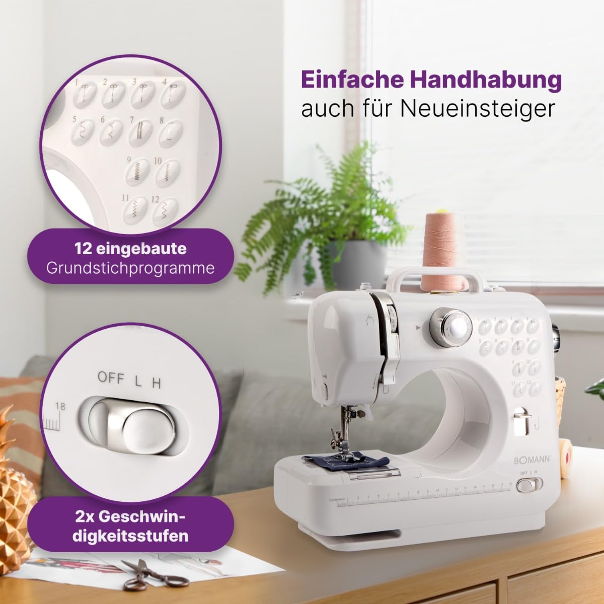 Bomann® Nähmaschine für Anfänger mit 12 Stichmustern | Sewing Machine mit Vor- u. Rückwärtsnähfunktion & 2 Geschwindigkeitsstufen | mit Batterie- oder Netzbetrieb & blendfreiem LED-Licht | NM 6063 CB